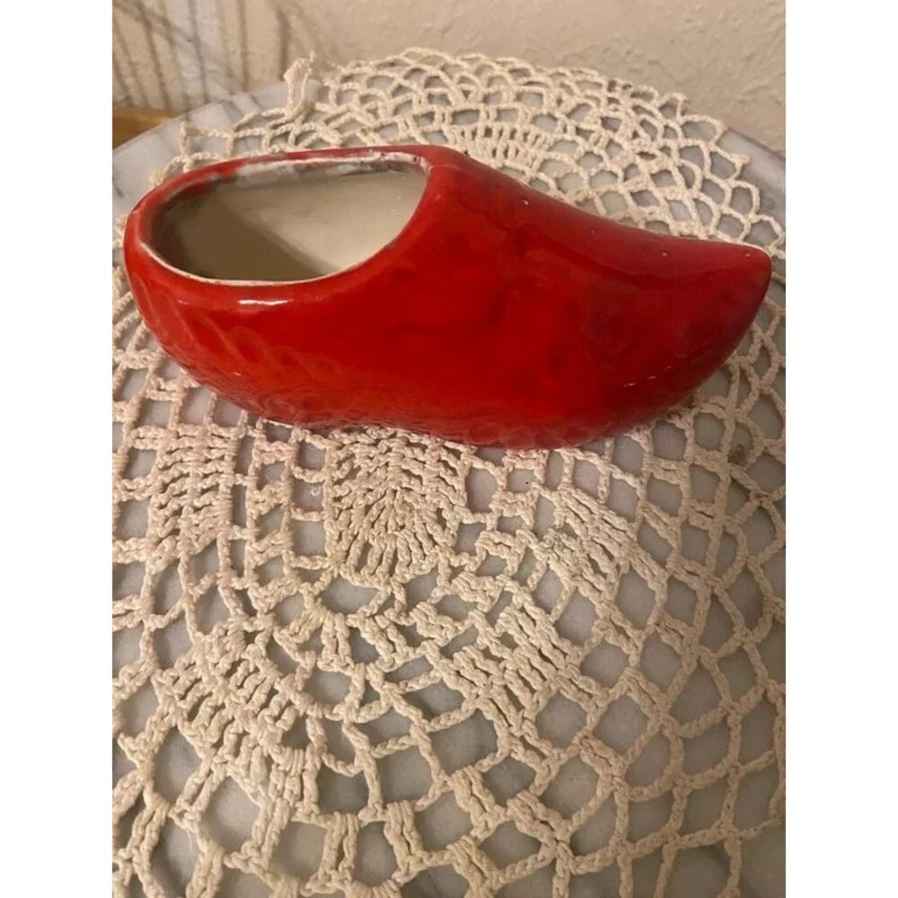 Vintage Red Glossy Ceramic Clog Planter